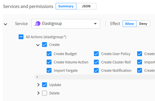 Example of Elastigroup create actions selection